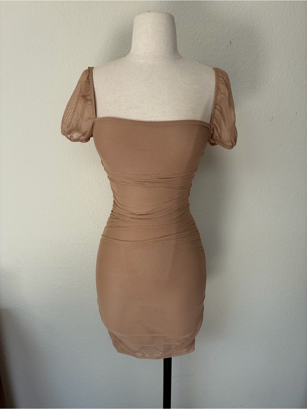 Princess Polly Women’s Mesh Overlay Bodycon Dress, Tan, size 4